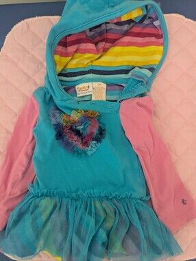 Truly Scrumptuous Turquoise Dress with Pink Sleeves and Rainbow Hood